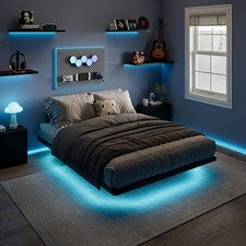 Floating Bed Frame Full Size Smart LED Lights Charging Station Matte Black Heavy