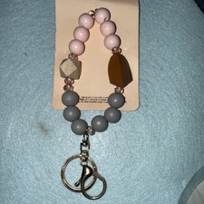 XL Beaded Pink/Gray Tassel Keychain Wristlet Attachment Tri Color-Gold Tone New