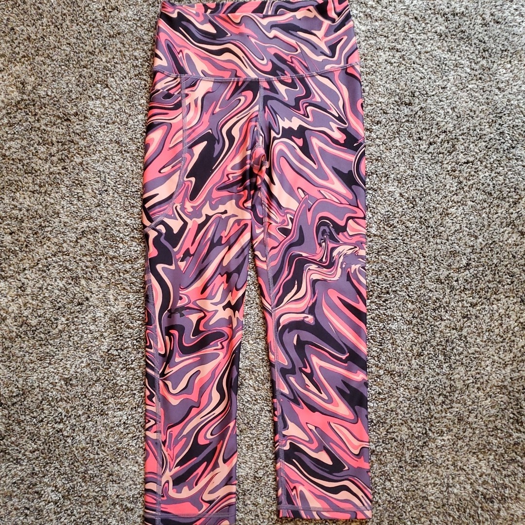 Under Armour Womens XS No-Slip Waistband Pink Psychedelic Print Ankle Leggings thumbnail 6