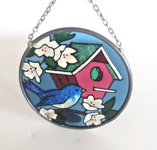 Joan Baker Designs Blue Bird Birdhouse Garden Hand Painted Glass Suncatcher 3.5"