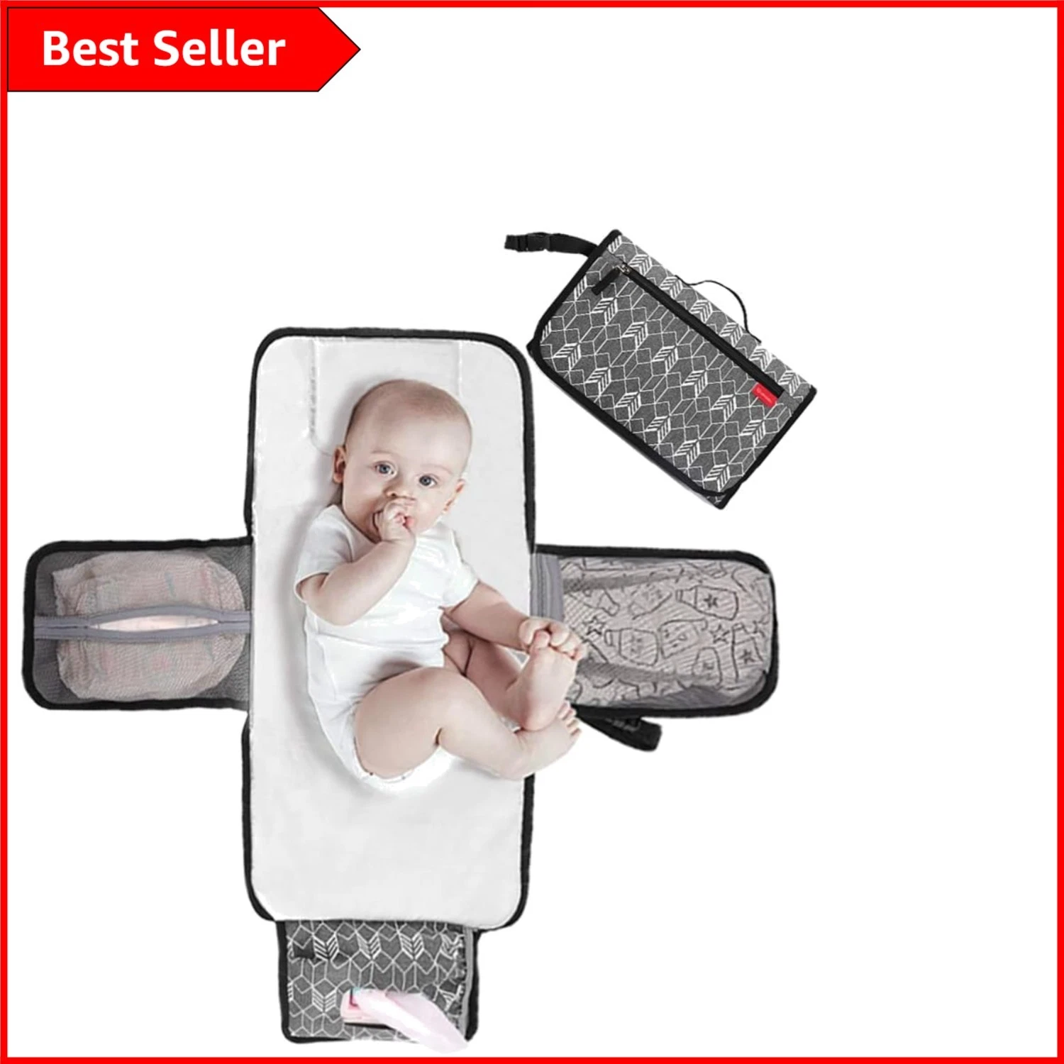 Functional Grey Baby Change Mat with Waterproof Fabric & Storage for Essentials