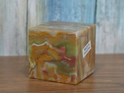 Pakistan Green Onyx Cube Paperweight Banded Calcite Stone Block Polished Decor