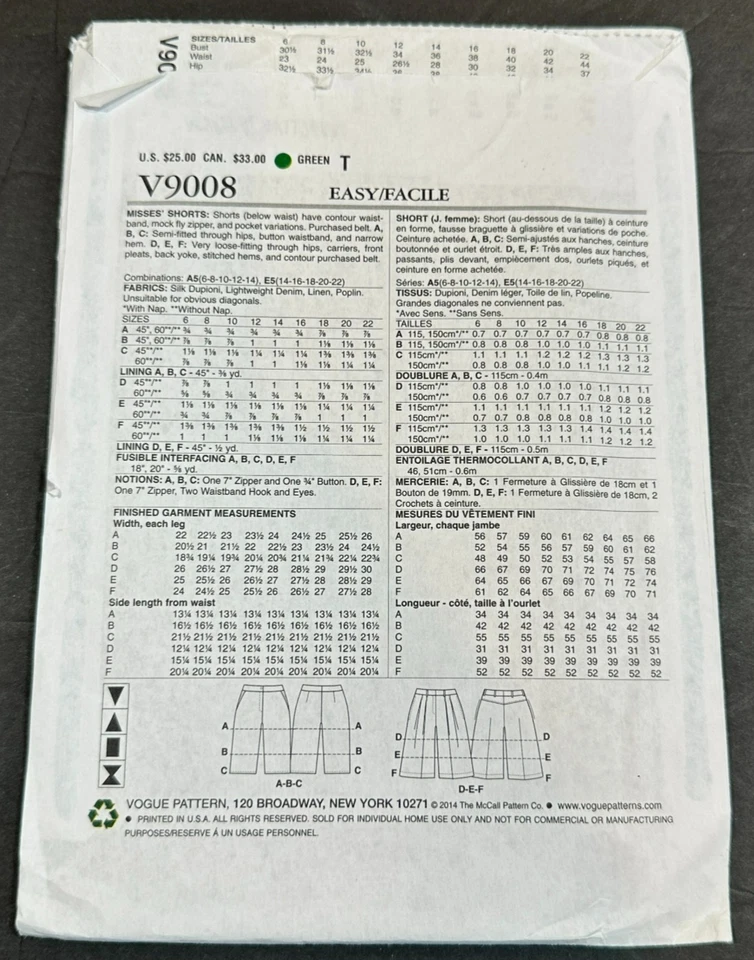 Vogue Easy Options Misses' Shorts  Pattern V9008 WMS SZ 6-14 - Image 2 of 3