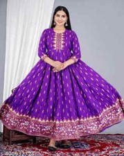 Indian Women purple Cotton Floral Printed Anarkali Kurta Kurti Dress