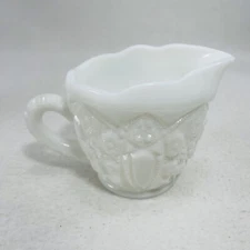 Vintage McKee Toltec Milk Glass Creamer White Pitcher Sprout Textured Etched 