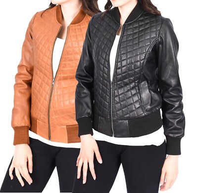 Damen Echtleder Rautenmuster Stepp Bomber Jacke Reißverschluss Michelle