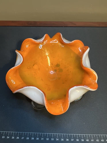 1950s Italian Murano Glass Candy Dish Orange and White Vintage