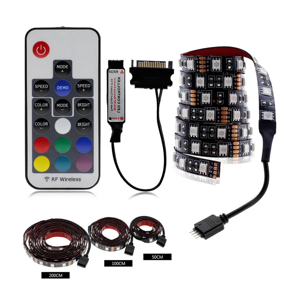 5050 RGB LED Strip Light PC Sata Computer Case Full Kit RF Remote Control 12V DC