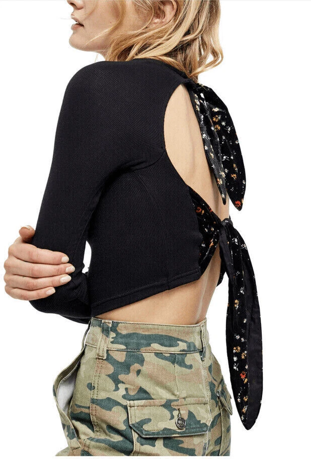 Free People Looking Forward Black LongSleeve Knit Top Velvet Tie Open Back $69 L - Image 2 of 4