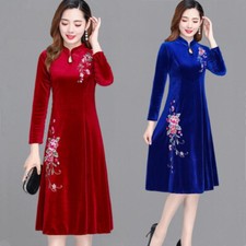 Damen Samtkleid Blumen Bestickt Qipao Cheongsam Hochzeit Party Ballkleid