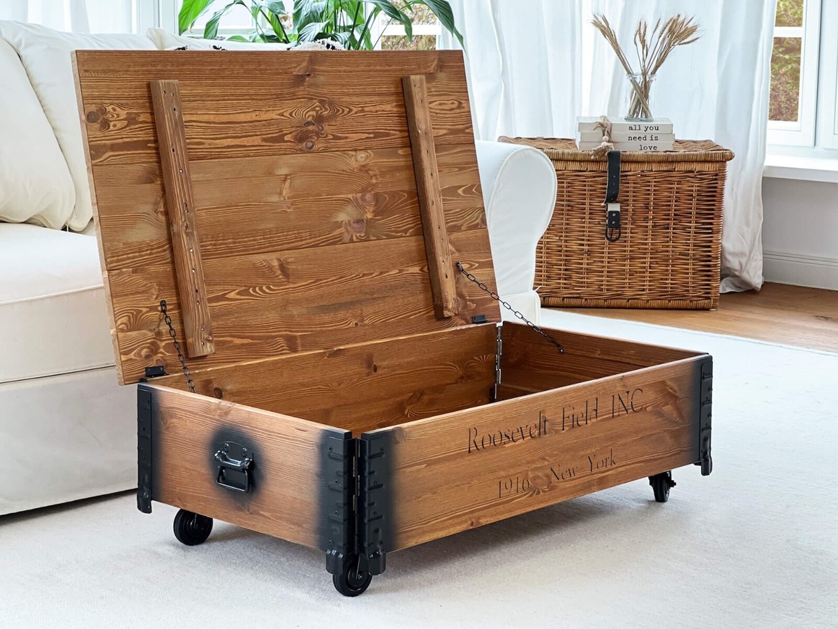 Table Basse En Bois Massif Uncle Joe's - Style Vintage Industriel - Marron Clair - Neuve