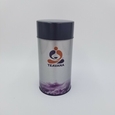 Teavana Tea Tin Storage Container Gray Silver Purple Citrus Logo, Empty