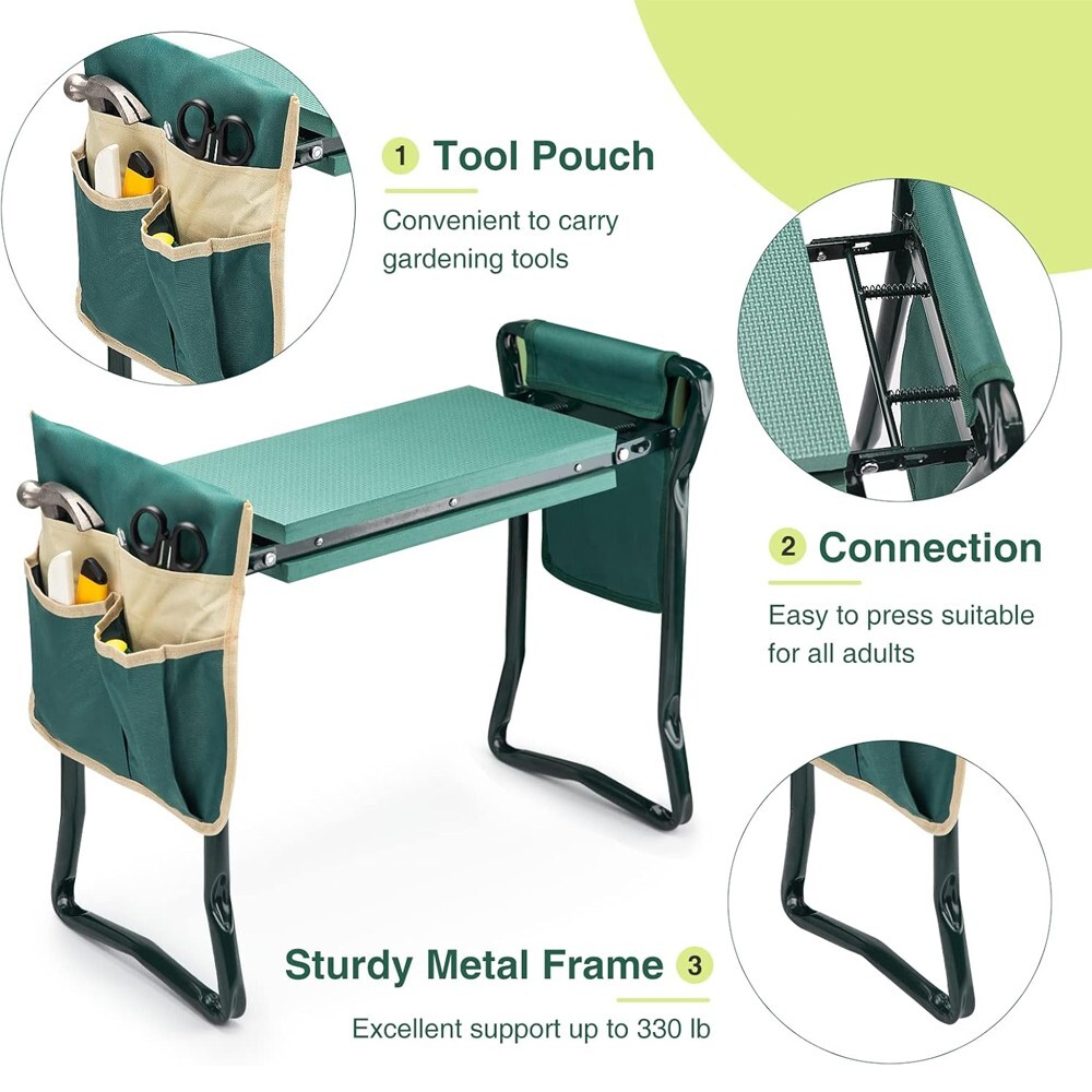 2-in-1 Garden Kneeler and Seat, Heavy Duty Gardening Bench with 2 Tool Pouches