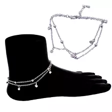 Silver Heart Anklet Bracelet Ankle Foot Jewellery Double Layer Chain Boho Beach