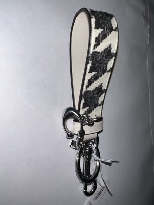 Coach Loop Bag Charm with Houndstooth Print Keychain Cream Black Leather NWT