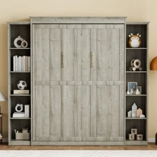 Modern 94.9" Queen Size Murphy Bed Foldable Platform Wall Bed with Side Shelves