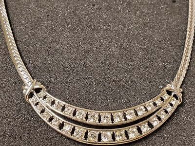  Silver Plated 16.5'' Hi-Quality Herringbone Link Dual Diamond Crystal Necklace 