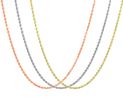 10K & 14K Rose White Yellow Gold 1.5mm-2.5mm Rope Chain Pendant Necklace 14''-30''