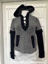 Tory Burch Navy White Fancy Button Wool Cropped Hooded Sweater XS