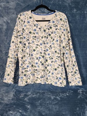 Basic Editions Blue And White Floral Womans Longsleeve V-neck T-shirt Size XL