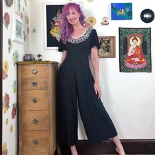 Vintage Wide Leg Jumpsuit, 1990s Black Rayon Jumpsuit with White Lace Collar, M