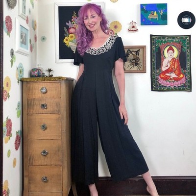 Vintage Wide Leg Jumpsuit, 1990s Black Rayon Jumpsuit with White Lace Collar, M