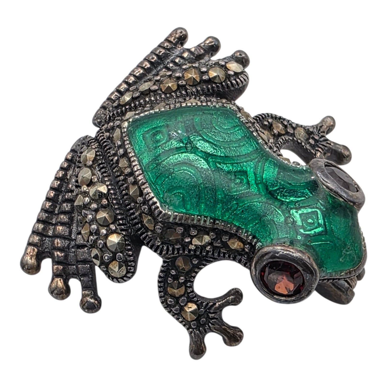 Solid Sterling Silver 925 Marcasite Green Enamel … - image 1