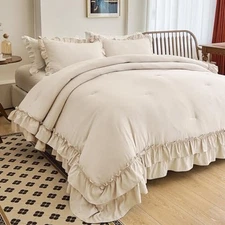 AIKASY Ruffle Comforter 3 Pieces Vintage Ruffle Fringe Comforter, Queen Camel