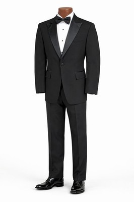 Men's Black Tuxedo with Flat Front Pants Satin Peak Lapels High Quality Wool
