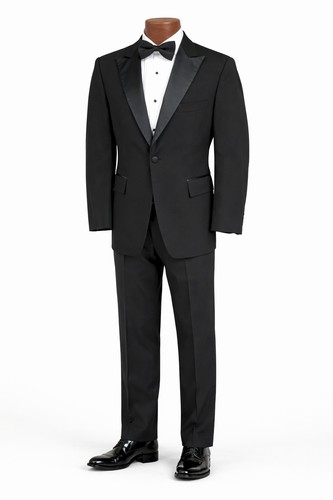 Men's Black Tuxedo with Flat Front Pants Satin Peak Lapels High Quality Wool