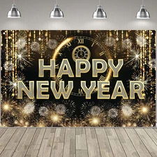 HAPPY NEW YEAR Hanging Extra Large Fabric Sign Poster Black Background Banner wi
