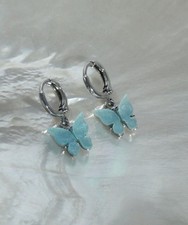 Sky Blue Pearl Butterfly Silver Hoop Earrings