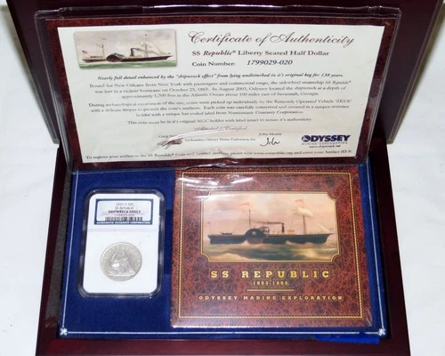 1859-O SS Republic Seated Liberty Half Dollar NGC Shipwreck Effect w/ Box & COA