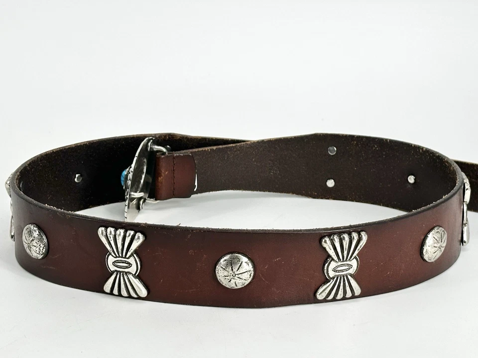 R.L.L RALPH LAUREN Cinturón de Cuero Marrón Concho Plateado Turquesa Occidental MEDIANO Foto 2 de 4