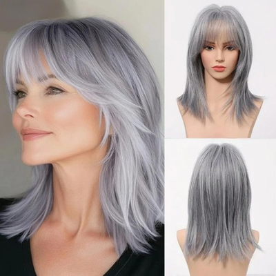 #ad Silver Grey Layered Straight Medium Bob Synthetic Wig Heat Resistant Natural C $55.20