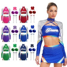 Womens Cheerleading Costume Long Sleeve Crop Top With Mini Skirt Cheer Outfits