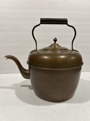Large Antique Copper Tea Kettle w/Gooseneck Spout & Lid Vintage Farmhouse