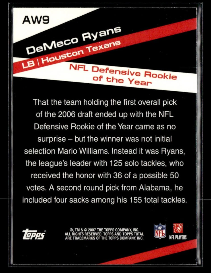 2007 Topps Total #AW9 DeMeco Ryans Award Winners Card Houston Texans - Image 2 of 2