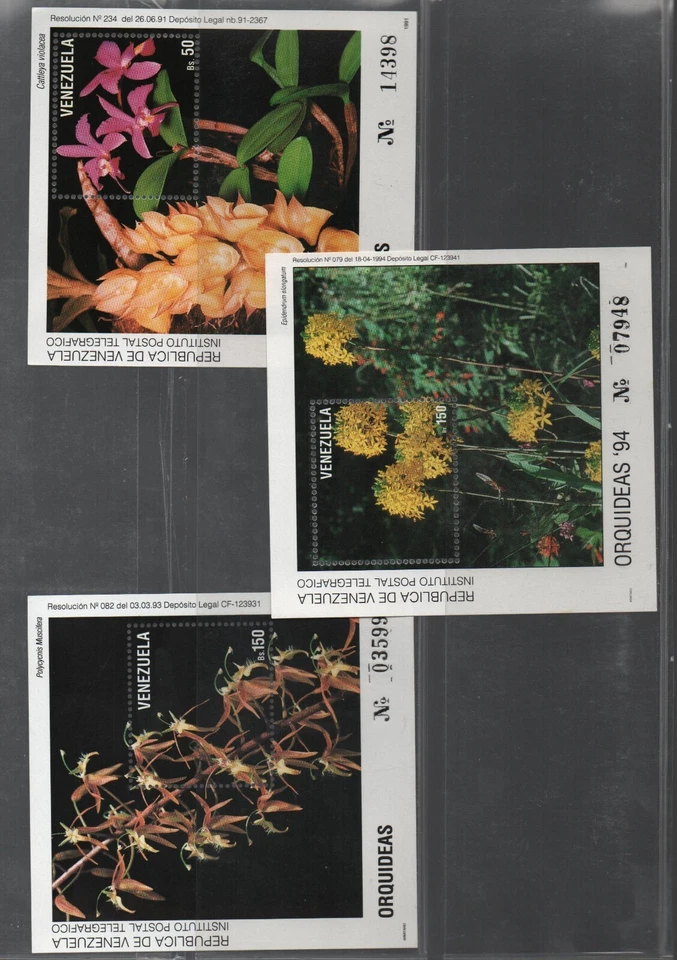 Venezuela: Lote de 5 hojas de recuerdo diferentes orquídeas, como nuevas Nh VZ2572 Foto 2 de 2