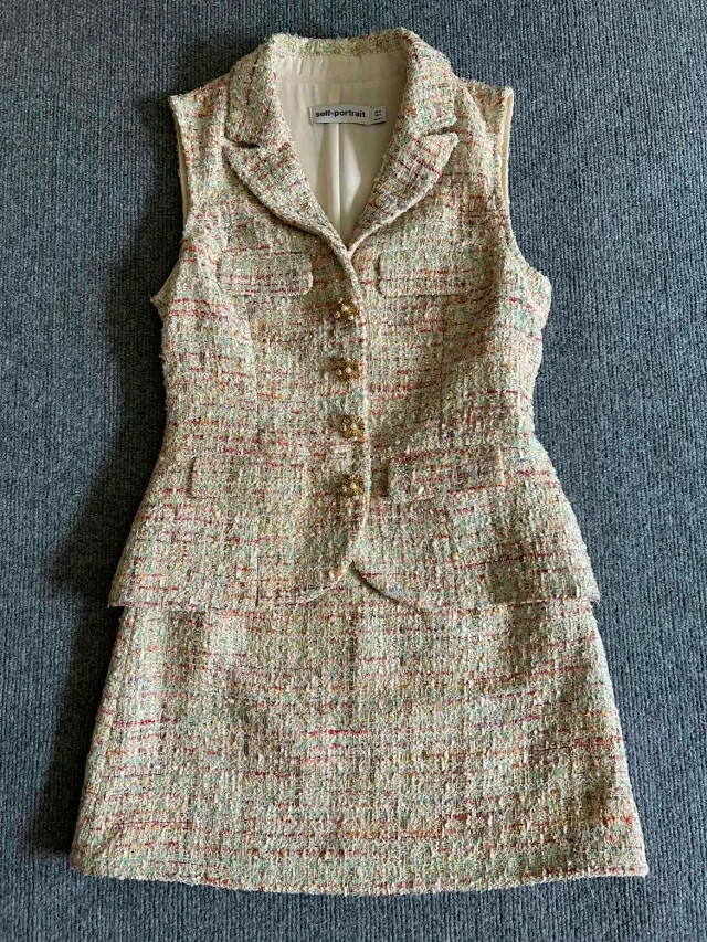 knee length dresses for ladies Check Boucle Long Sleeve Mini Dress – self-portrait-US main image 0