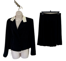 Jones New York 2 pc Black Suit Dressy Top, flared Skirt, Satin Collar SZ 8