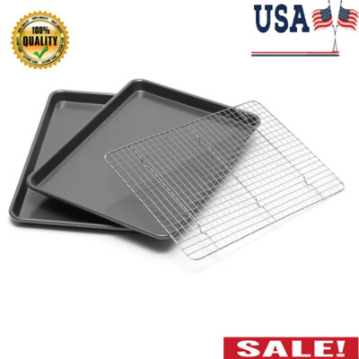 Jelly Roll Pan Set of 2 w/ Bonus Cooling Rack Bakeware Non-stick Baking Sheets