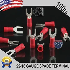 100 Pack 22-18 Gauge Vinyl Spade Fork Crimp Terminals #8 Stud Tin Copper Core UL