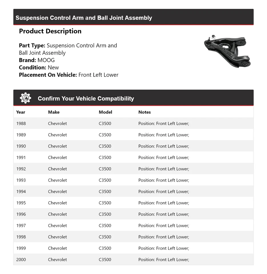 Para 1988-2000 Chevrolet C3500 braço de controle dianteiro esquerdo inferior MOOG 1988 1989 1990 - Imagem 2 de 4
