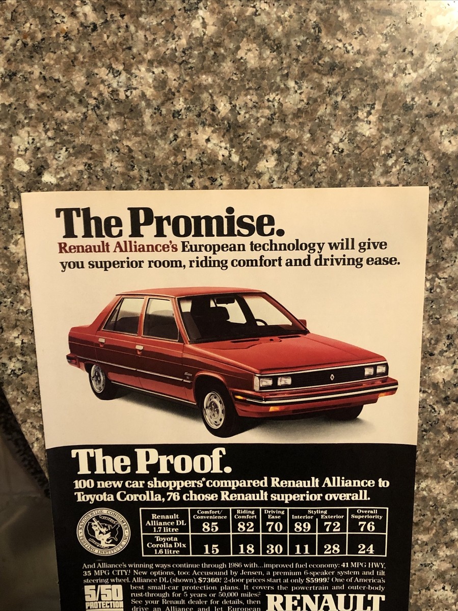 1986 Renault Alliance PRINT AD Promise & Proof Europeon