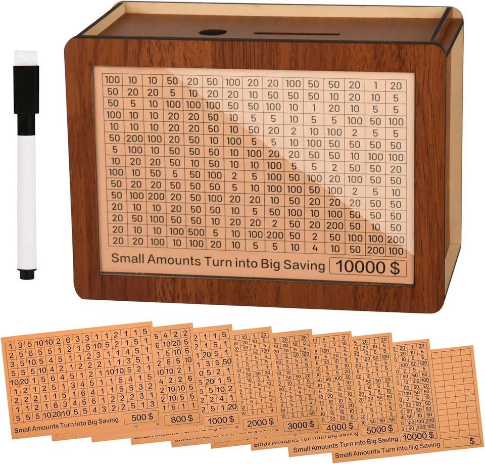 Wooden Money Saving Challenge Box Cash Vault Piggy Bank for Adults Kids