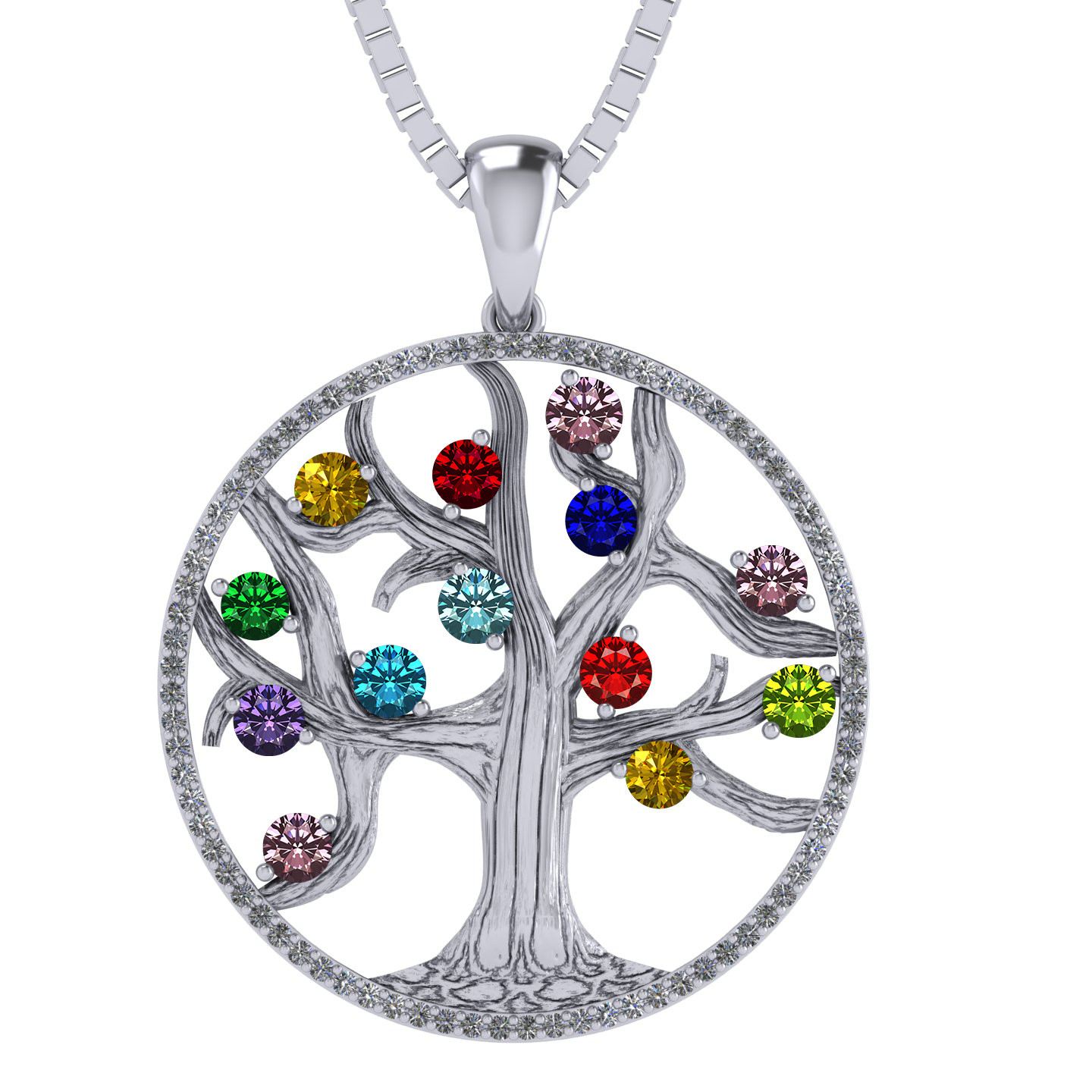 Mothers Tree of Life Birthstone necklace 1-13 Stones Silver, 10K & 14K Bezel