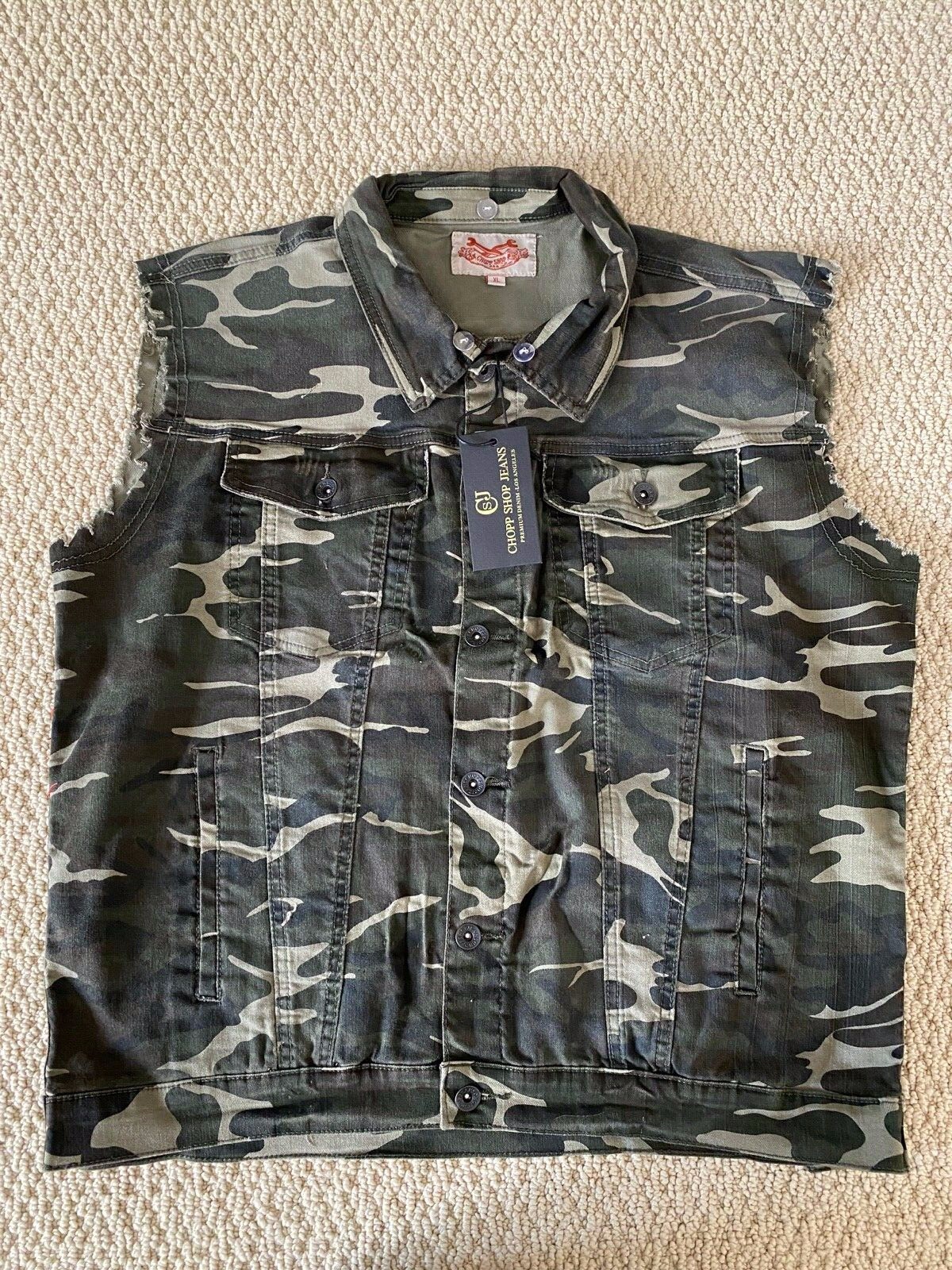 NWT Men's Chopp Shop Jeans Green Camouflage Convertible Hood Denim Vest
