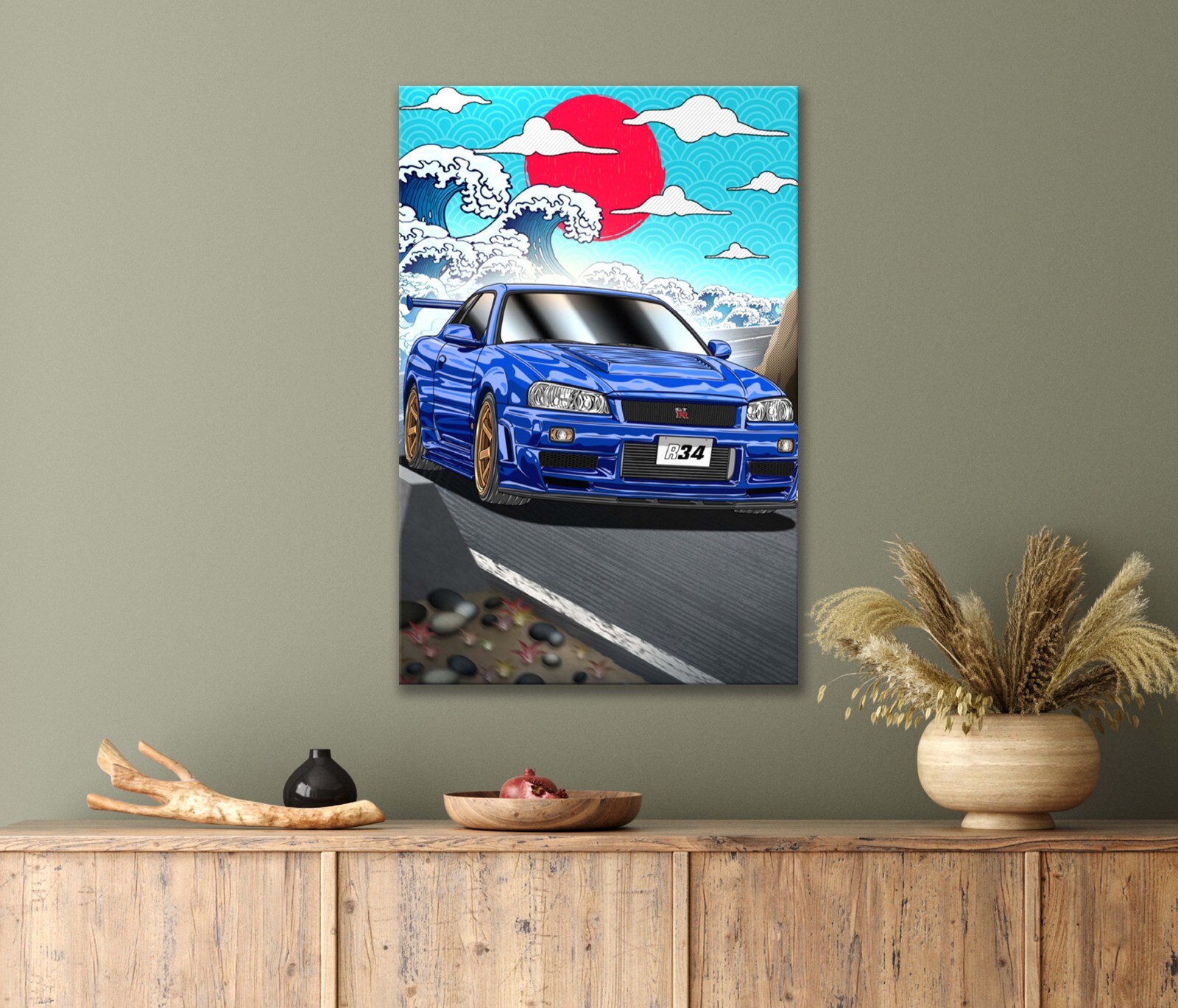 Blue Vintage Car & Red Sun with Waves Art 40x60cm Canvas or Metal Print Wall Art