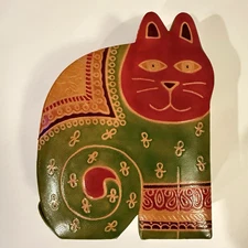 Vintage Leather Cat Coin Bank Colorful Pressed Cat Still Coin Bank 7” Tall E.C.